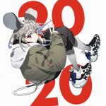  1girl 2020 animal_ears background_text bangs black_shorts brown_jacket chinese_zodiac closed_mouth commentary earrings facial_mark floating from_side grey_hair grey_pantyhose high_tops highres hood hood_down hoodie jacket jewelry long_sleeves looking_at_viewer machi_(wm) mouse_ears mouse_girl mouse_tail original pantyhose pantyhose_under_shorts red_eyes shoes shorts simple_background smile sneakers solo tail v white_background white_footwear white_hoodie year_of_the_rat 