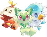  blue_eyes bright_pupils brown_eyes commentary_request fangs fuecoco looking_at_viewer no_humans open_mouth pokemon pokemon_(creature) quaxly simple_background sprigatito starter_pokemon_trio toneko tongue white_background white_pupils 