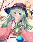  1girl alternate_costume bangs black_headwear closed_mouth ema fant floral_print green_eyes green_hair hat hat_ribbon heart heart_of_string highres japanese_clothes kimono komeiji_koishi long_hair looking_at_viewer new_year pink_kimono ribbon smile snow_bunny solo third_eye touhou upper_body yellow_ribbon 