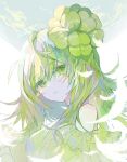  1girl ahoge bare_shoulders blue_sky clothing_cutout dress flower from_side frown green_dress green_eyes green_flower green_hair hair_flower hair_ornament highres irodori_warabi long_sleeves looking_at_viewer original portrait shoulder_cutout sky solo 