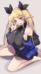  1girl :d absurdres bare_legs barefoot black_bow blonde_hair blue_eyes blue_jacket blue_nails blush bow breasts brll covered_nipples feet fingernails grey_background hair_bow halter_shirt halterneck head_tilt highres huge_breasts indie_virtual_youtuber jacket legs long_hair long_pointy_ears looking_at_viewer nail_polish navel open_clothes open_jacket original pointy_ears puffy_nipples rimaru_(kira_kazuki) shiny shiny_skin simple_background sitting smile soles solo thighs twintails very_long_hair w wariza zipper 