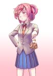  1girl bag bangs blazer blue_skirt blue_sky blush bob_cut breasts brown_sweater_vest commentary cookie cowboy_shot doki_doki_literature_club dress_shirt embarrassed food frown gift_bag gradient gradient_background grey_jacket hair_ornament hair_ribbon hand_on_hip holding holding_bag holding_cookie holding_food incoming_food incoming_gift jacket keito_nagumo long_sleeves looking_away natsuki_(doki_doki_literature_club) neck_ribbon outstretched_arm pink_background pink_eyes pink_hair pleated_skirt red_ribbon ribbon school_uniform shirt short_hair skirt sky small_breasts solo sweater_vest swept_bangs tsundere two_side_up v-shaped_eyebrows white_background white_shirt x_hair_ornament yellow_ribbon 