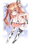  1girl absurdres animal_ears animal_print bangs bare_shoulders bikini breasts brown_hair cleavage closed_mouth collarbone cow_ears cow_print fake_animal_ears gloves hair_ornament hand_on_hip highres johnston_(kancolle) kantai_collection leaning_forward long_hair looking_at_viewer medium_breasts red_eyes scan shiny shiny_hair side-tie_bikini_bottom simple_background single_glove solo swimsuit takanashi_kei_(hitsujikan) thighhighs thighs 