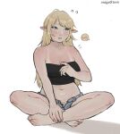  1girl absurdres anajudraws artist_name bare_shoulders barefoot blonde_hair blue_eyes blush breasts cleavage crossed_legs elf facing_viewer full_body highres long_hair medium_breasts navel panties parted_lips plump pointy_ears shorts sitting tan tanlines underwear white_background 