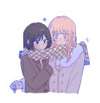  2girls akiyama_mizuki bangs black_eyes blush braid brown_coat brown_hair buttons checkered_clothes checkered_scarf closed_mouth coat ear_blush highres hood hood_down hooded_jacket hug hug_from_behind jacket kyline long_hair long_sleeves multiple_girls pink_eyes pink_hair pocket project_sekai red_ribbon ribbon scarf shared_clothes shared_scarf shinonome_ena short_hair single_braid upper_body white_background winter_clothes yuri 