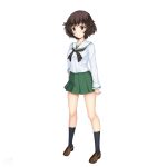  1girl absurdres akiyama_yukari bangs black_neckerchief black_socks blouse brown_eyes brown_footwear brown_hair closed_mouth commentary_request full_body girls_und_panzer green_skirt hand_on_hip highres loafers long_sleeves looking_at_viewer messy_hair miniskirt neckerchief ooarai_school_uniform partial_commentary pleated_skirt sailor_collar sainohikari school_uniform serafuku shirt shoes short_hair simple_background skirt smile socks solo standing white_background white_sailor_collar white_shirt 