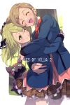  2girls blonde_hair brown_hair closed_eyes closed_mouth copyright_name creature echo_(circa) elize_lutus elle_mel_martha hug long_hair multiple_girls one_eye_closed open_mouth skirt smile tales_of_(series) tales_of_xillia tales_of_xillia_2 teepo_(tales) 