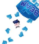  1boy beam_(chainsaw_man) black_hair blue_theme candy chainsaw_man character_name chibi food highres open_mouth sharp_teeth short_hair simple_background smile solo teeth topless_male white_background yuuwaku06 