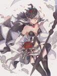  1girl bangs bare_shoulders black_gloves black_thighhighs breasts debuff999 detached_sleeves dress garter_straps gloves grey_background grey_eyes grey_hair hair_between_eyes highres holding holding_scythe long_hair long_sleeves medium_breasts navel scythe simple_background sinoalice snow_white_(sinoalice) solo thighhighs white_dress white_sleeves 