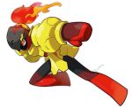  armarouge commentary_request eye_trail fire flaming_eyes from_side full_body highres light_trail looking_down pokemon pokemon_(creature) red_eyes sankaku simple_background solo white_background yellow_pupils 