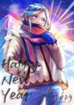  1boy 2023 absurdres blue_eyes blue_hair blue_mittens blue_pants commentary_request cowboy_shot grusha_(pokemon) hand_in_pocket hand_up happy_new_year highres jacket long_sleeves male_focus pants poke_ball_print pokemon pokemon_(game) pokemon_sv sanomi_pori scarf scarf_over_mouth solo striped striped_scarf yellow_jacket 