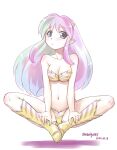  1girl :&lt; bikini blush boots breasts breasts_squeezed_together cleavage closed_mouth covered_nipples dated ebifly floating floating_hair full_body gradient_hair horns indian_style long_hair looking_at_viewer lum medium_breasts multicolored_hair purple_eyes signature simple_background sitting solo striped striped_bikini swimsuit urusei_yatsura white_background yellow_footwear 