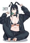  1girl 2023 ? absurdres animal_ears bangs barefoot bikini bikini_top_only black_bikini black_bow black_bowtie black_hair black_jacket black_pants blush bow bowtie breasts cleavage closed_mouth detached_collar english_commentary fake_animal_ears green_eyes green_hair green_happy000 hair_between_eyes happy_new_year highres jacket large_breasts long_hair multicolored_hair new_year open_clothes open_jacket original pants rabbit_ears simple_background sitting solo sweat swimsuit white_background 