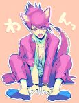  1boy animal_ears bangs blue_footwear danganronpa_(series) danganronpa_v3:_killing_harmony dog_boy dog_ears dog_tail facial_hair full_body goatee hair_between_eyes itsuki_(nightlight) jacket long_sleeves looking_at_viewer male_focus momota_kaito open_clothes open_mouth outline pants pink_eyes purple_hair shirt simple_background sitting slippers solo spiked_hair tail white_outline 