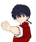  1boy bangs black_eyes black_hair braid chinese_clothes clenched_hand closed_mouth looking_at_viewer male_focus pinch_(nesume) ranma_1/2 saotome_ranma simple_background single_braid solo tangzhuang upper_body white_background 