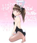  1girl 2023 animal_ears background_text bangs bare_shoulders black_bow black_bowtie black_leotard blush bow bowtie brown_hair brown_pantyhose chinese_zodiac collar commentary_request detached_collar from_side full_body hair_bow hairband happy_birthday highres kneeling leotard long_hair looking_at_viewer looking_to_the_side mayafufu no_shoes original pantyhose parted_lips playboy_bunny profile rabbit_ears rabbit_tail red_eyes soles solo strapless strapless_leotard tail translation_request twintails white_collar white_hairband wrist_cuffs year_of_the_rabbit 