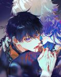  2boys bangs black_hair black_shirt blonde_hair blood blood_from_mouth blood_on_clothes blue_eyes blue_flower blue_hair blue_lock blue_rose chain chimmyming collar commentary_request flower hair_between_eyes hand_on_another&#039;s_back highres hug isagi_yoichi looking_at_viewer male_focus metal_collar michael_kaiser multicolored_hair multiple_boys open_mouth rose shirt short_hair two-tone_hair upper_body 
