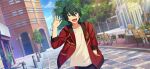  1boy bangs blue_eyes blue_sky building drawstring ensemble_stars! green_hair hair_between_eyes hand_in_pocket happy_elements heterochromia hood hooded_jacket jacket kagehira_mika long_sleeves official_art open_clothes open_jacket open_mouth plant potted_plant shirt short_hair sky smile solo teeth third-party_source tree upper_teeth_only white_shirt wooden_bench yellow_eyes 