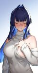  1girl absurdres bangs bare_shoulders bingsardina blue_hair blush breasts closed_eyes colored_inner_hair facing_viewer full-face_blush glasses hair_intakes highres hololive hololive_english large_breasts long_hair long_sleeves multicolored_hair no_bra official_alternate_costume ouro_kronii semi-rimless_eyewear simple_background solo sweater under-rim_eyewear upper_body virtual_youtuber white_background white_sweater 