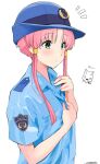  1girl adjusting_clothes alternate_costume andanden aria aria_pokoteng bangs blue_headwear blue_shirt blush breasts buttoning collared_shirt eyelashes hair_tubes hands_up highres looking_to_the_side mizunashi_akari parted_bangs pink_hair police police_uniform policewoman shirt short_hair_with_long_locks short_sleeves signature simple_background solo uniform upper_body white_background 