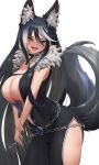  1girl :d animal_ear_fluff animal_ears bare_shoulders belt black_dress black_hair blue_eyes blush braco breasts chain cleavage collar commission cowboy_shot cup dress drinking_glass fox_ears fox_girl fox_tail fur_collar heterochromia highres holding holding_cup large_breasts looking_at_viewer multicolored_hair multiple_tails original pelvic_curtain simple_background sleeveless sleeveless_dress smile solo streaked_hair tail teeth two-tone_hair two_tails upper_teeth_only white_background white_hair yellow_eyes 