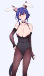  1girl animal_ears arknights arm_at_side bare_shoulders black_choker black_leotard black_pantyhose blue_hair blush breasts brown_gloves ch&#039;en_(arknights) choker cleavage closed_mouth collarbone covered_navel dragon_girl dragon_horns dragon_tail elbow_gloves fake_animal_ears feet_out_of_frame fingerless_gloves gloves hand_on_hip head_tilt higata_akatsuki highres horns large_breasts leotard looking_at_viewer nipple_slip nipples pantyhose rabbit_ears red_eyes short_hair solo standing sweat tail 