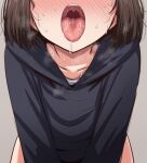  1girl absurdres all_fours black_hoodie blush brown_hair full-face_blush grey_background head_out_of_frame highres hood hood_down hoodie mamerakkkkko medium_hair open_mouth oral_invitation original simple_background solo sweat tongue tongue_out uvula 