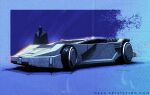  1boy batman batman_(series) batmobile blue_background blue_theme car dc_comics english_commentary ground_vehicle highres leaning_forward mack_sztaba monochrome motor_vehicle redesign superhero vehicle_focus web_address 