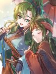  2girls :d absurdres aged_down arm_hug artist_name black_gloves blue_dress blush breasts clear_glass_(mildmild1311) closed_eyes dress fingerless_gloves fire_emblem fire_emblem:_the_binding_blade fire_emblem:_the_blazing_blade gloves green_eyes green_hair headband highres holding holding_umbrella large_breasts light_particles long_hair looking_at_another lyn_(fire_emblem) multiple_girls oversized_clothes ponytail sheath sheathed signature smile sue_(fire_emblem) sword umbrella very_long_hair weapon wide_sleeves 