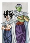  2boys black_eyes black_hair cape colored_skin crossed_arms dragon_ball dragon_ball_super dragon_ball_super_super_hero glasses green_skin highres kakeru_(dbskakeru) male_focus multiple_boys muscular muscular_male piccolo pointy_ears shoulder_pads signature smile son_gohan turban white_cape 