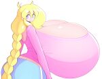  1girl absurdres ass blonde_hair breasts gigantic_breasts highres long_hair looking_at_viewer shiny simple_background solo theycallhimcake 
