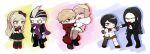  3boys 3girls :d andou_ruruka asymmetrical_clothes bandaged_arm bandages bangs black_bow black_dress black_hair black_jacket black_pants black_thighhighs blonde_hair blush bow bowtie braid brown_footwear brown_gloves brown_skirt chibi danganronpa_(series) danganronpa_2:_goodbye_despair danganronpa_3_(anime) dress freckles full_body fur_collar gem gloves green_eyes green_headwear grey_eyes grey_hair hair_bow heterochromia ikusaba_mukuro izayoi_sounosuke jacket kneehighs long_hair long_tongue madarai_isshiki multicolored_background multicolored_hair multiple_boys multiple_girls neck_ribbon one_eye_closed open_clothes open_jacket open_mouth pants pink_hair pink_jacket puffy_short_sleeves puffy_sleeves purple_scarf red_bow red_bowtie red_eyes red_footwear red_ribbon ribbon scarf shimada_(dmisx) shiny shiny_hair shoes short_hair short_sleeves shorts single_pantsleg skirt smile socks sonia_nevermind standing tanaka_gandamu thighhighs tongue tongue_out two-tone_hair undercut 