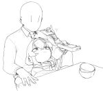  1boy 1girl bald blue_archive bowl cardigan closed_mouth collared_shirt cuddling greyscale hair_between_eyes hairband holding kotatsu long_hair long_sleeves monochrome neckerchief off_shoulder rkgk_ojisan shirt smile table ui_(blue_archive) under_kotatsu under_table 