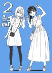  2girls :o ahoge alternate_hairstyle arm_at_side arms_up bag bangs black_hair blue_background blunt_bangs bob_cut closed_mouth cross-laced_footwear dot_nose double_v dress full_body greyscale_with_colored_background hair_up hand_up highres idol_x_idol_story! leaning_to_the_side legs_apart long_dress long_hair looking_at_viewer multiple_girls nagisa_mimi nanakusa_ibuki no_socks official_art overall_skirt pantyhose pleated_dress ponytail round_teeth shirt shoelaces shoes short_hair short_sleeves shoulder_bag simple_background smile sneakers spaghetti_strap split_mouth standing swept_bangs teeth thick_eyelashes tokunou_shoutarou upper_teeth_only v v-shaped_eyebrows 