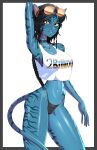  1girl alien alternate_breast_size animal_ears animal_nose arm_behind_head arm_up armpits avatar:_the_way_of_water bikini black_bikini black_border black_choker black_hair blue_nails blue_skin blue_tail body_markings border braid braided_ponytail breasts brown-tinted_eyewear cat_ears cat_girl cat_nose choker clothes_writing colored_skin contrapposto cowboy_shot crop_top crop_top_overhang english_commentary eyewear_on_head facial_mark fingernails hair_tubes highres james_cameron&#039;s_avatar jewelry kiri_(avatar) long_hair long_tail looking_at_viewer medium_breasts minicop2001 na&#039;vi navel navel_piercing necklace outside_border paid_reward_available piercing rimless_eyewear science_fiction solo standing sunglasses swimsuit tail tall_female tank_top thick_thighs thighs tinted_eyewear tooth_necklace white_background white_tank_top yellow_eyes 