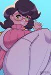  1girl artist_name big_hair blue_background breasts capelet coat glasses green_eyes hapann highres large_breasts long_sleeves pink-framed_eyewear pink_sweater pokemon pokemon_(game) pokemon_sm purple_hair ribbed_sweater skirt sweater thick_thighs thighs turtleneck turtleneck_sweater white_coat white_skirt wicke_(pokemon) 