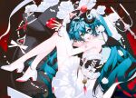  1girl apple arm_up bangs bare_shoulders black_wings blue_eyes blue_hair candle candlestand commentary_request demon_girl demon_tail demon_wings detached_sleeves dress eyeball_hair_ornament fingernails flower food fork fruit hair_between_eyes hatsune_miku high_heels knees_up knife legs long_fingernails long_hair long_legs long_sleeves lying official_art on_side prophet_chu red_apple red_flower red_nails red_rose rose shoes sleeves_past_wrists solo tail twintails very_long_hair vocaloid watermark web_address white_dress white_footwear white_sleeves wings 