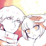  1boy 1girl :o andou_ruruka arm_up bangs brown_eyes closed_mouth danganronpa_(series) danganronpa_3_(anime) expressionless fur_collar izayoi_sounosuke jacket multicolored_background open_mouth portrait shimada_(dmisx) short_hair wrist_cuffs 