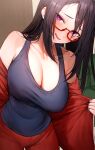  1girl absurdres black_hair black_tank_top blush breasts cleavage collarbone covered_navel demi-chan_wa_kataritai glasses head_tilt highres holding holding_clothes holding_jacket indoors jacket jacket_partially_removed large_breasts long_hair looking_at_viewer marse_(rokudaime) open_clothes open_jacket pants purple_eyes red-framed_eyewear red_jacket red_pants satou_sakie shirt sidelocks smile solo straight_hair tank_top taut_clothes taut_shirt track_jacket track_pants 