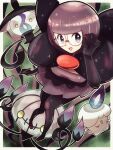  1girl adjusting_eyewear bangs black_bow black_pantyhose blunt_bangs bob_cut bow bowtie breasts chandelure collarbone evolutionary_line glasses highres holding holding_pen lampent large_bow litwick long_sleeves pantyhose pen pokemon pokemon_(creature) pokemon_(game) pokemon_bw purple_eyes purple_hair purple_skirt shauntal_(pokemon) skirt tonayon ves 