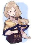  1girl blonde_hair blue_eyes blush bow capelet do_m_kaeru fire_emblem fire_emblem:_three_houses garreg_mach_monastery_uniform hair_bow long_hair mercedes_von_martritz open_mouth side_ponytail simple_background solo twitter_username yellow_capelet 