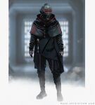  1other ambiguous_gender black_footwear black_gloves black_jacket boots cable energy_sword english_commentary full_body gloves helmet highres holstered_weapon jacket lightsaber looking_to_the_side mack_sztaba original science_fiction sith star_wars sword weapon web_address 