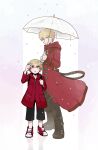  2boys aged_down bangs belt black_footwear black_pants blonde_hair brown_belt danganronpa_(series) danganronpa_3_(anime) dual_persona hair_between_eyes hand_up highres holding holding_umbrella hood hooded_jacket izayoi_sounosuke jacket long_sleeves multiple_boys pants red_footwear red_jacket shimada_(dmisx) shoes short_hair snowing standing umbrella white_footwear 