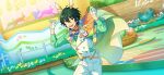  1boy animal_ears aqua_eyes bangs blue_flower buttons collared_shirt easter_egg egg ensemble_stars! flower gloves green_hair hair_between_eyes hands_up happy_elements heterochromia kagehira_mika long_sleeves microphone nest official_art open_mouth orange_flower purple_flower purple_ribbon rabbit rabbit_ears rabbit_tail ribbon shirt short_hair solo tail teeth third-party_source upper_teeth_only white_gloves yellow_eyes yellow_flower 