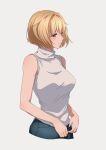  1girl absurdres arcueid_brunestud bare_arms blonde_hair breasts closed_mouth hair_intakes highres medium_breasts nijizuki_shino red_eyes short_hair simple_background sleeveless sleeveless_sweater smile solo standing sweater tsukihime turtleneck turtleneck_sweater white_background white_sweater 
