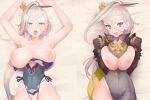  1girl armor armpits arms_up asymmetrical_clothes bad_id bad_twitter_id bangs blush bodysuit breasts breasts_out collarbone covered_navel fate/grand_order fate_(series) gauntlets green_hair grey_bodysuit grey_leotard grey_thighhighs hair_between_eyes hair_ornament hairpin high_collar highleg highleg_leotard huyan_zhuo_(fate) huyan_zhuo_(second_ascension)_(fate) kunabishi large_breasts leotard long_hair looking_at_viewer multicolored_hair multiple_views nipples open_mouth pauldrons purple_eyes shoulder_armor single_pantsleg single_thighhigh streaked_hair thighhighs thighs very_long_hair white_hair 