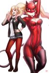  2girls :d animal_ears arm_up black_jacket blonde_hair blush bodysuit boots bracelet breasts brown_footwear cardigan cat_ears cat_mask cat_tail cleavage cosplay cross-laced_footwear earrings elbow_gloves fake_animal_ears finalcake fingernails floating_hair gloves gradient_hair grin hair_over_shoulder hand_on_hip highres hood hood_down hooded_cardigan jacket jewelry kitagawa_marin lace-up_boots long_hair looking_at_viewer mask medium_breasts miniskirt multicolored_hair multiple_girls open_clothes open_jacket open_mouth pantyhose persona persona_5 pink_gloves pink_hair plaid plaid_skirt pleated_skirt red_bodysuit red_eyes red_pantyhose ring sharp_fingernails shiny shiny_hair skirt smile sono_bisque_doll_wa_koi_wo_suru tail takamaki_anne takamaki_anne_(cosplay) thigh_boots twintails v white_background white_cardigan 