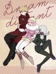  1boy 2girls andou_ruruka bangs black_footwear black_jacket black_pants black_pantyhose black_skirt blonde_hair blue_eyes boots closed_eyes coat collared_shirt commentary_request danganronpa_(series) danganronpa_3_(anime) dress_shirt fur-trimmed_jacket fur_trim gloves grey_hair hair_over_one_eye hat holding_hands invisible_chair izayoi_sounosuke jacket kimura_seiko mask medium_hair mouth_mask multiple_girls open_mouth pants pantyhose pencil_skirt pink_hair red_coat scarf shimada_(dmisx) shirt shoes short_hair shorts sitting skirt smile striped striped_background thighhighs white_shirt white_thighhighs yellow_shorts 