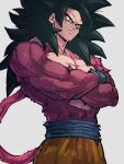  1boy abs bangs bare_pectorals biceps black_hair body_fur closed_mouth crossed_arms dougi dragon_ball dragon_ball_gt kemachiku large_pectorals long_hair male_focus monkey_boy monkey_tail muscular muscular_male obi pants pectorals pink_fur sash solo son_goku spiked_hair standing super_saiyan super_saiyan_4 tail topless_male wristband yellow_eyes yellow_pants 