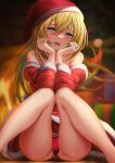  1girl :d absurdres bangs bare_legs blonde_hair blurry blurry_background blush christmas christmas_tree dark_magician_girl dress drooling floating_hair fur-trimmed_dress fur-trimmed_headwear fur_trim green_eyes hair_between_eyes hat head_tilt heart heart-shaped_pupils highres long_hair looking_at_viewer off-shoulder_dress off_shoulder open_mouth othellonia_teru panties pussy_juice red_dress red_headwear red_panties santa_costume santa_hat shiny shiny_skin short_dress sitting smile solo symbol-shaped_pupils underwear very_long_hair yu-gi-oh! 